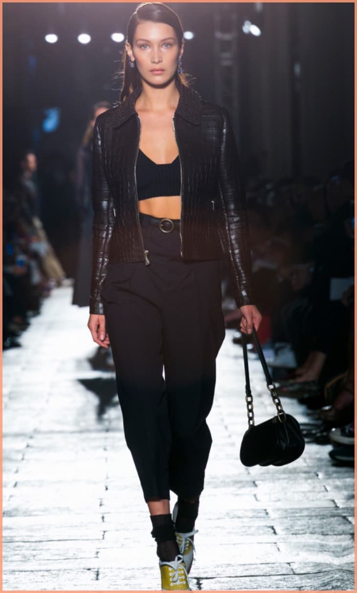 Bella-Hadid-runway-black-leather-jacket-black-pant