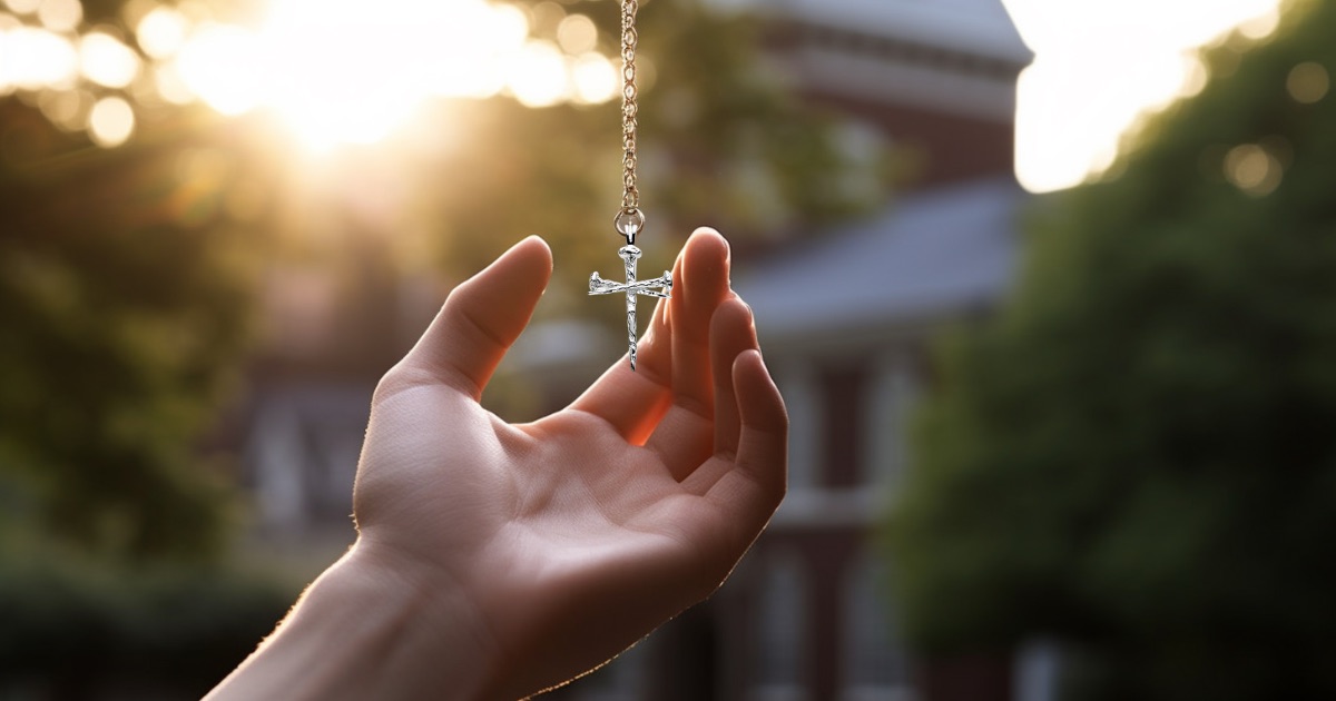 A hand holding a Nail Cross Necklace with a church in the background