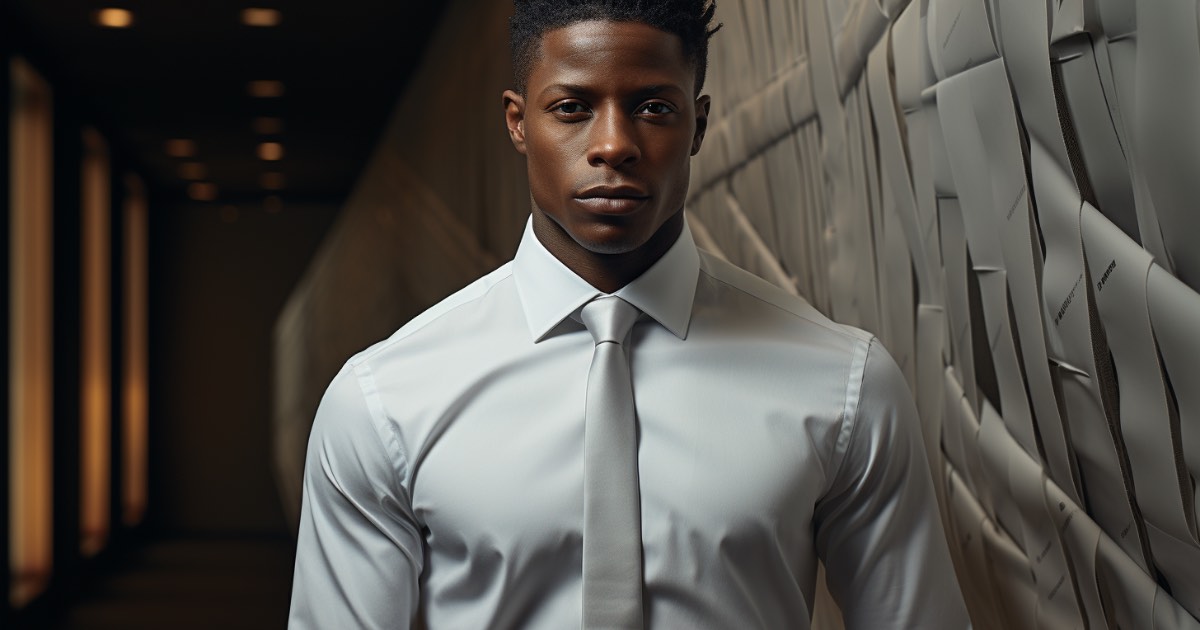 an athletic individual, showcasing the true athletic fit of a performance dress shirt, possibly in solid white or black plaid, set against a dynamic, urban background