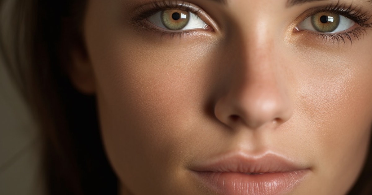 A close-up of a woman's face, highlighting her subtle makeup and polished look, ready for her PA interview.
