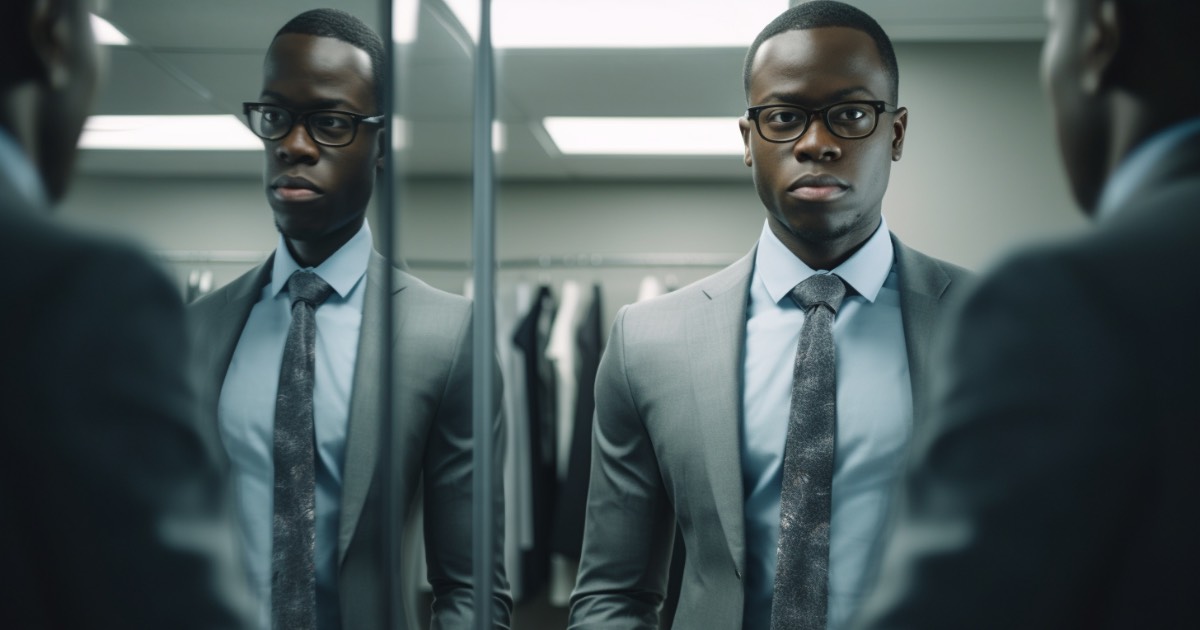 A male PA applicant adjusting his tie in front of a mirror, reflecting his preparation for the interview. 