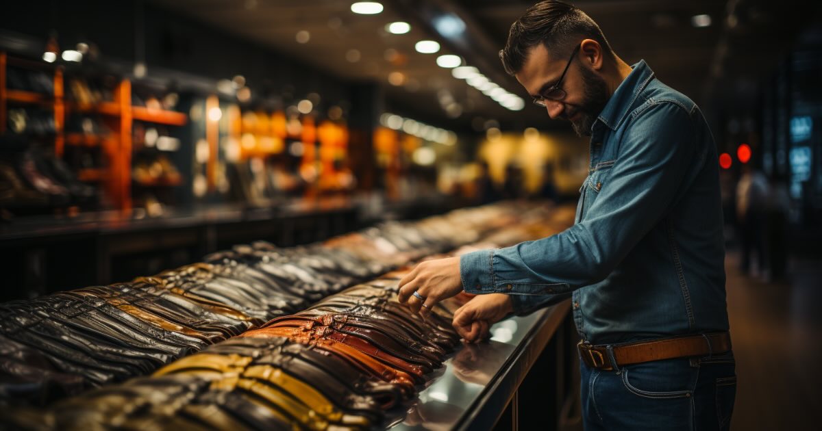 A man's hand selecting a belt from a lineup of various belts for jeans