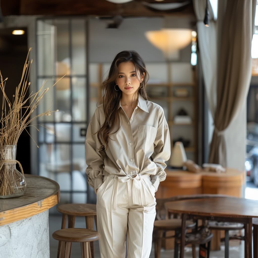 Woman is Standing an Urban Backdrop in a White Oversize Shirt